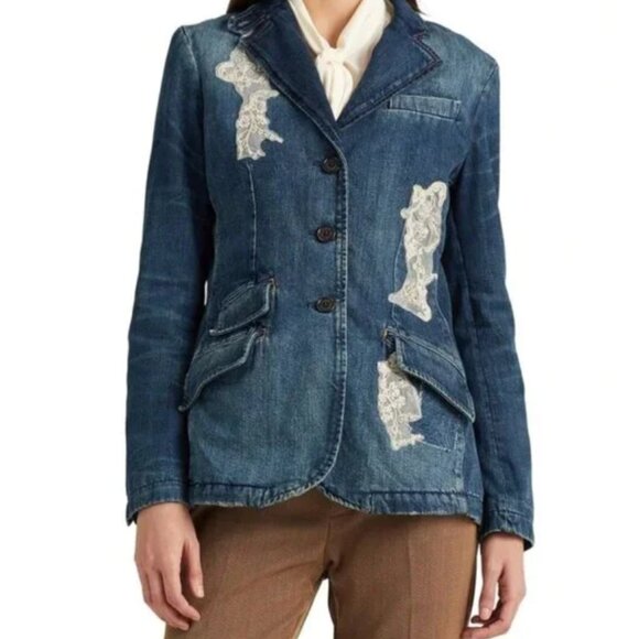 Lauren Ralph Lauren Lace Sequin Bead Applique Denim Indigo Jacket Blazer NWT - Picture 1 of 6